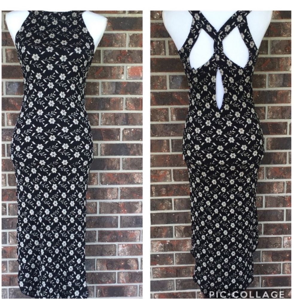 Free People Long Black Floral Stretch Dress 🌸